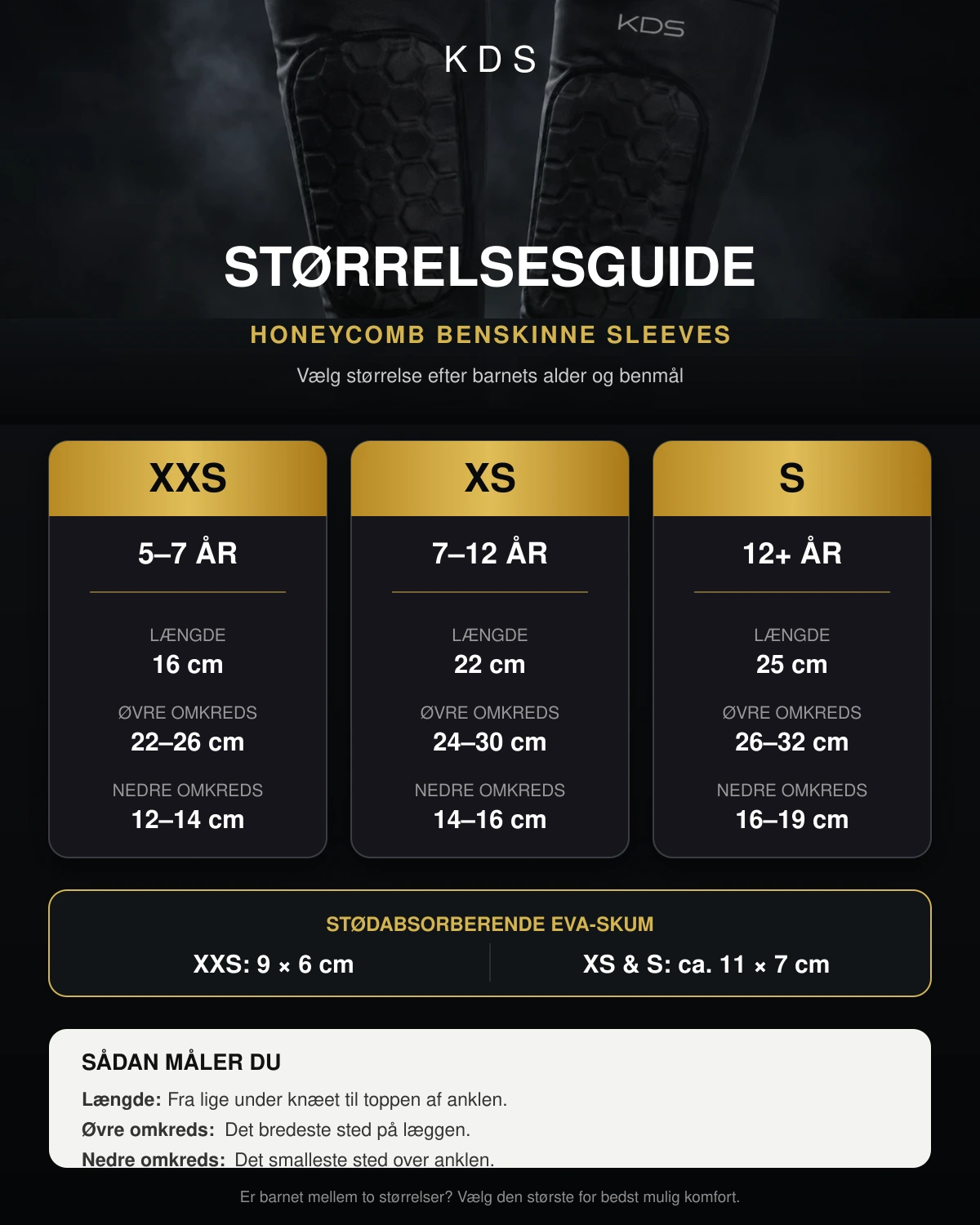 Størrelses guide KDS benskinne sleeves