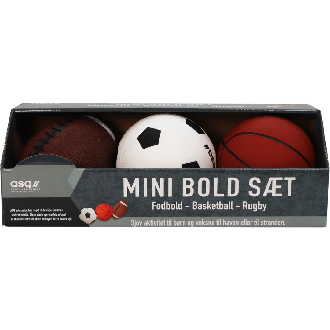 ASG mini sportsbolde 3-pak med fodbold, basketbold og rugbybold